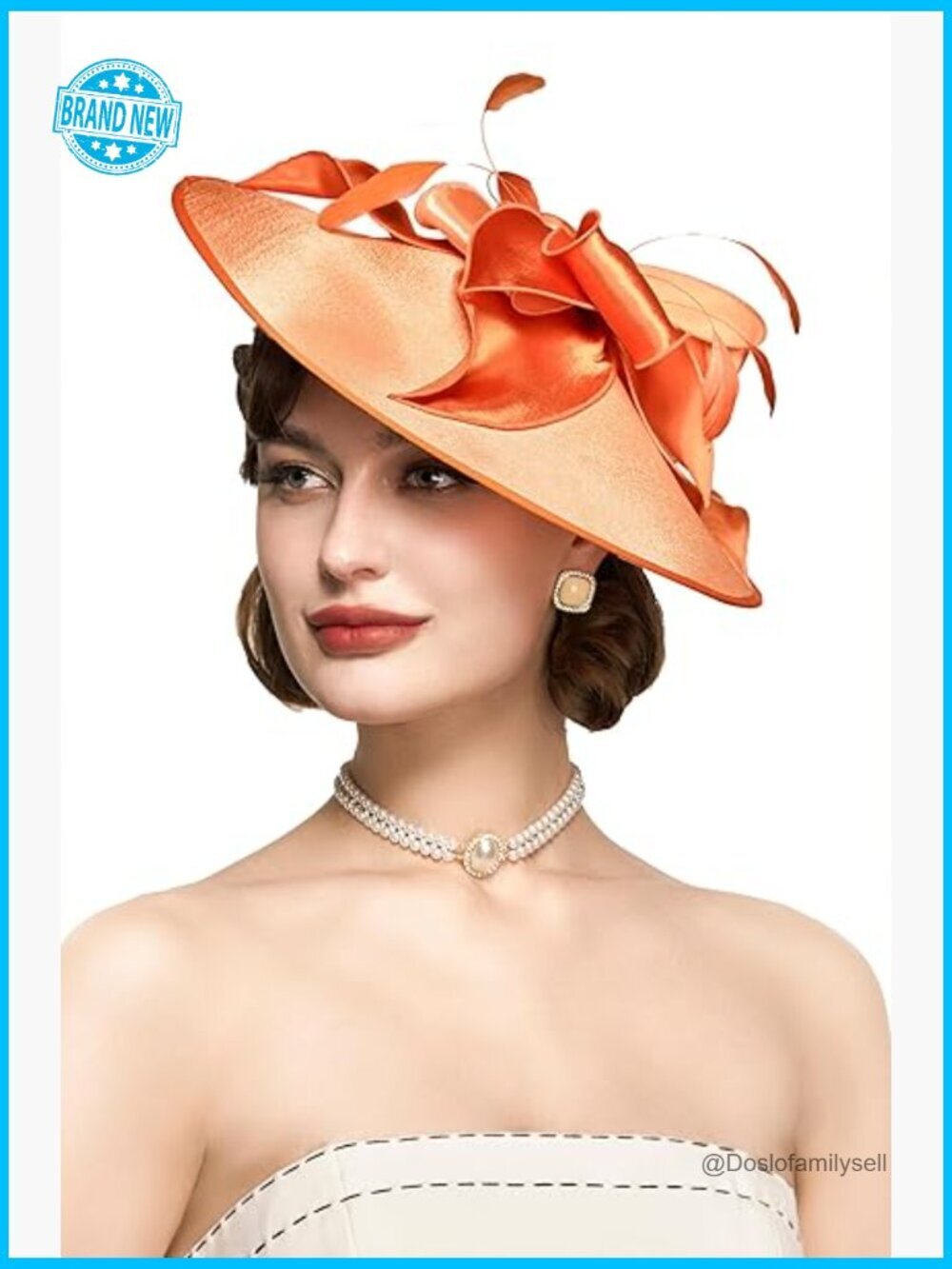 Wide Brim Fascinator Hat with Flower Feathers Adjustable Headband Wedding Tea